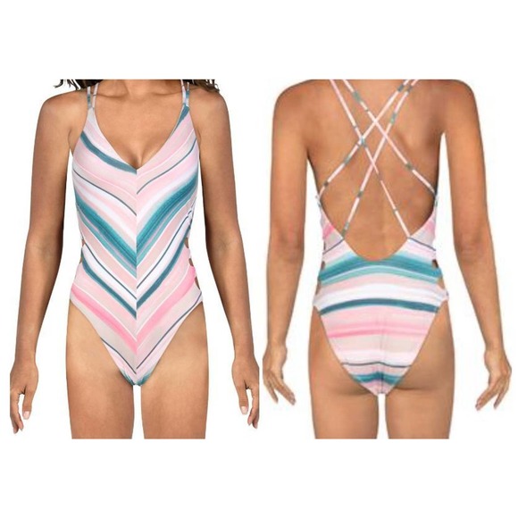 Bikini Lab Women's One Piece Swimsuit Size XXL V-Plunge Striped Thong Strappy - Picture 1 of 10